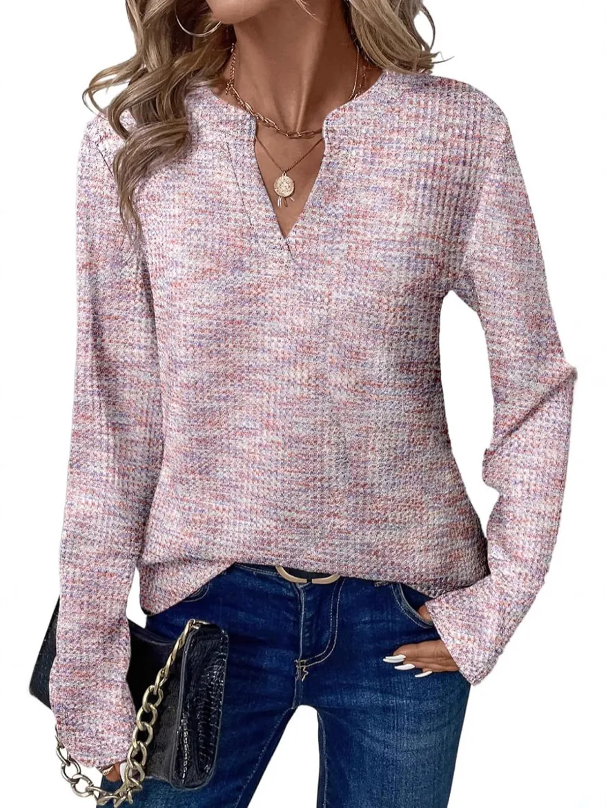 Dames V-Hals T-Shirt Lange Mouw Polyester Casual Ruim Space-Dye Bedrukte Top Voor Herfst Lente Mode Veelzijdige Basic Top