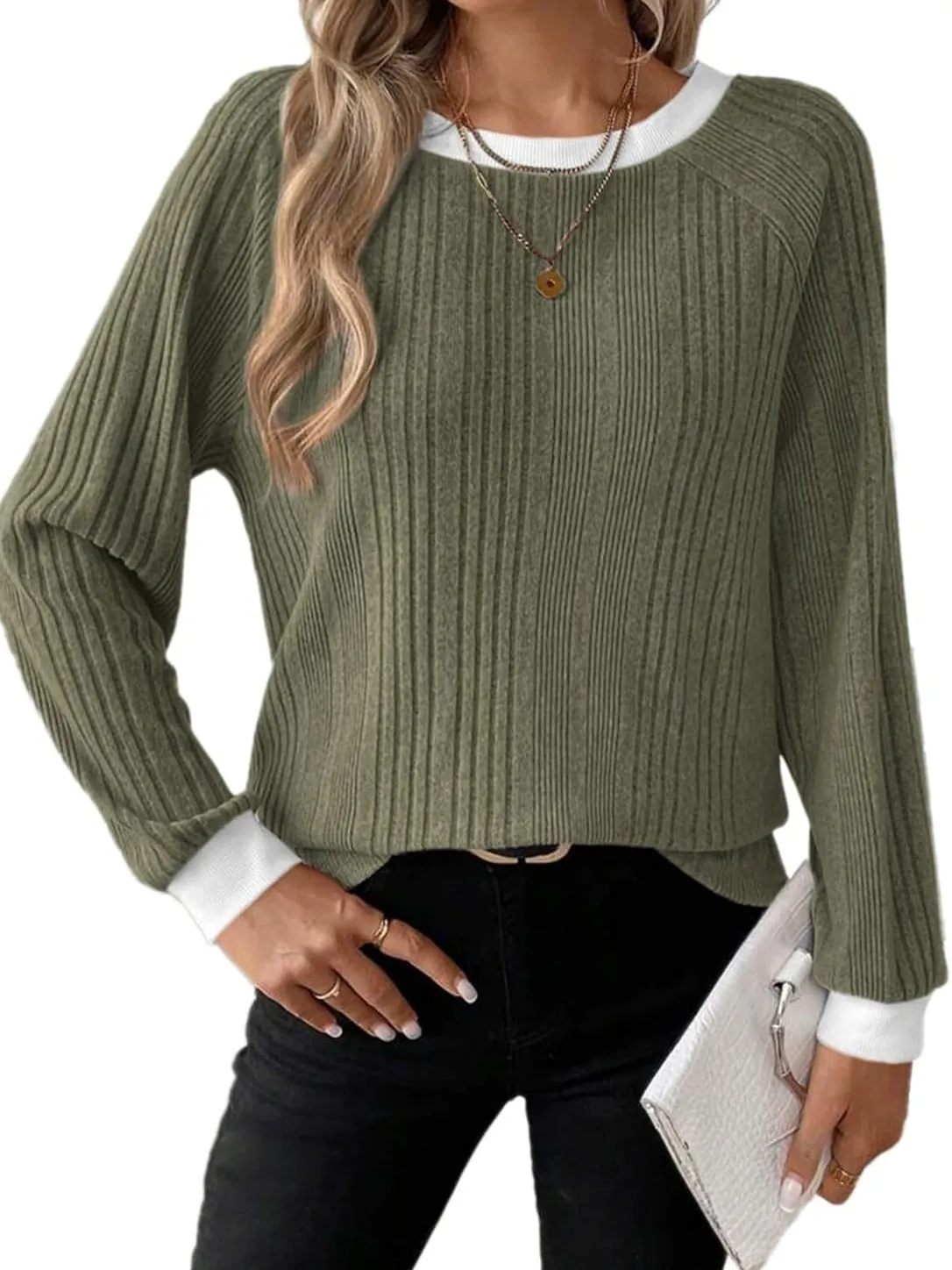 Vrouwen Casual Lange Mouw T-Shirt Polyester Geribbelde Contrast Raglanmouwen Ronde Hals Fleece Pullover Top