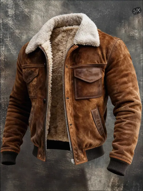 Men's Vintage Outdoor Fleece Jacket Multi-Pocket Spliced Warm Winter Top Retro Padded Coat Polyester Windbreaker Outerwear