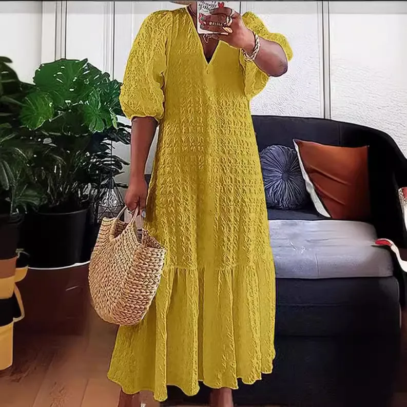 Dames V-hals Knoppen Geplooid Los Casual Maxi Jurk Polyester Crinkle Stof Zomer Effen Kleur Korte Mouw Lange Jurk