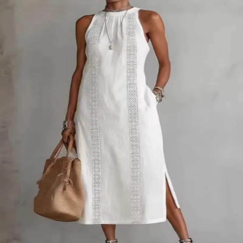 Women's Casual Cotton Solid Color Maxi Dress Sleeveless Round Neck Loose Long Vest Dress Spliced Side Slit Summer Vacation Gown