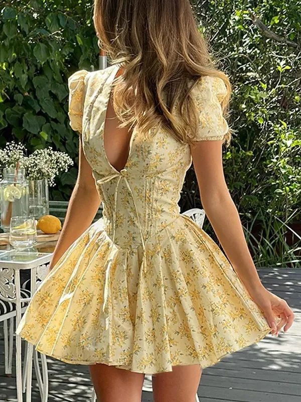 French Vintage Floral Print Mini Dress Sexy V-Neck Puff Sleeve Slim Fit A-Line Summer Sun Dress For Women Party Vacation Wear