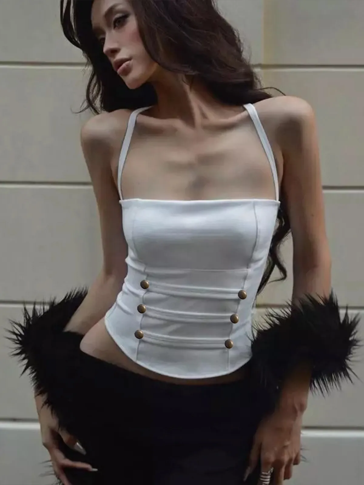 Top a Canotta da Donna Sexy con Scollo all'Americana Tinta Unita Bianco con Bottoni in Metallo Doppiopetto Slim Fit Crop Top