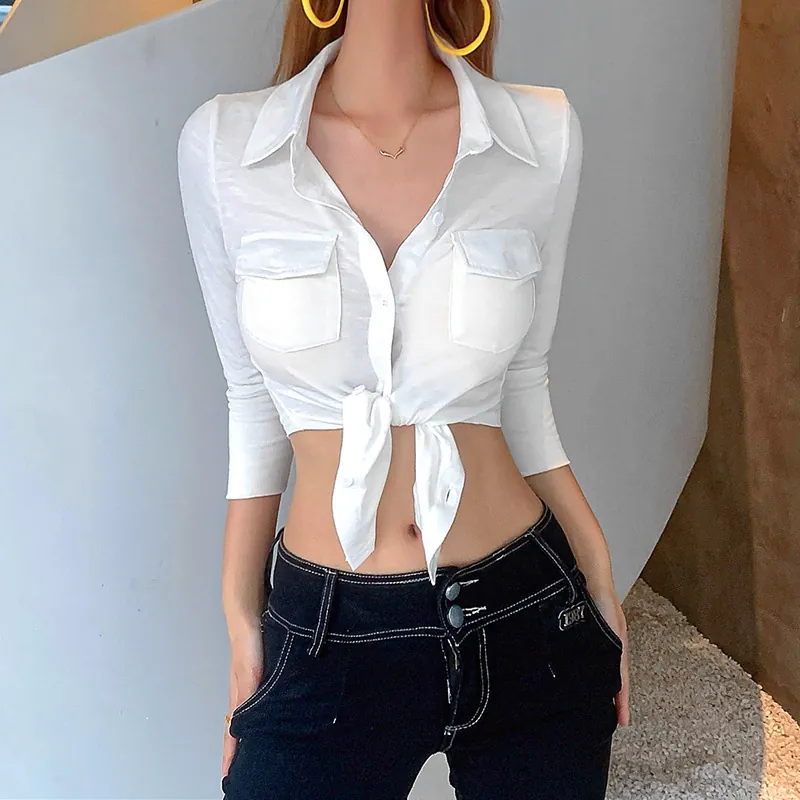 Women's Preppy Style Cropped Tie-Front Shirt Lapel Long Sleeve Single-Breasted Slim Fit Polyester Sweet White Blouse Top