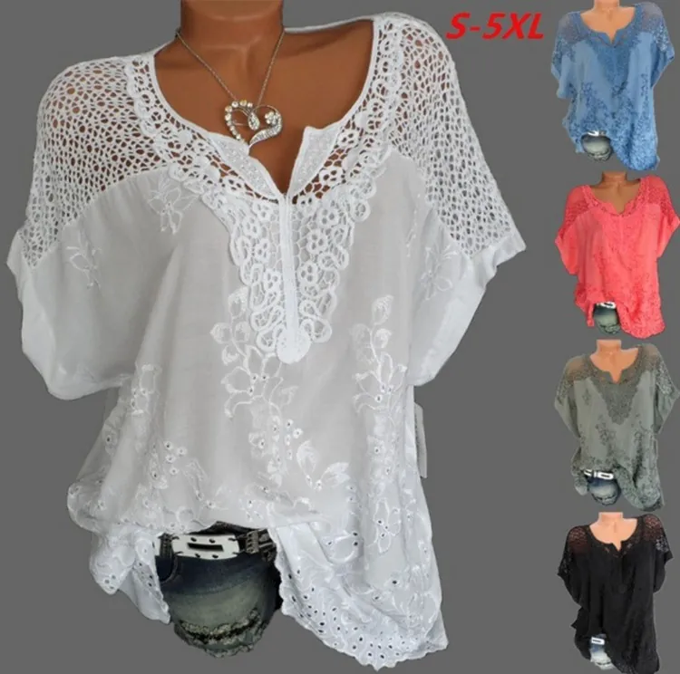 Damen V-Ausschnitt Spitze Gestickt Top Kurzarm Fledermaushemd Baumwollmischung Hohl Bluse Locker Lässig Sommer Top