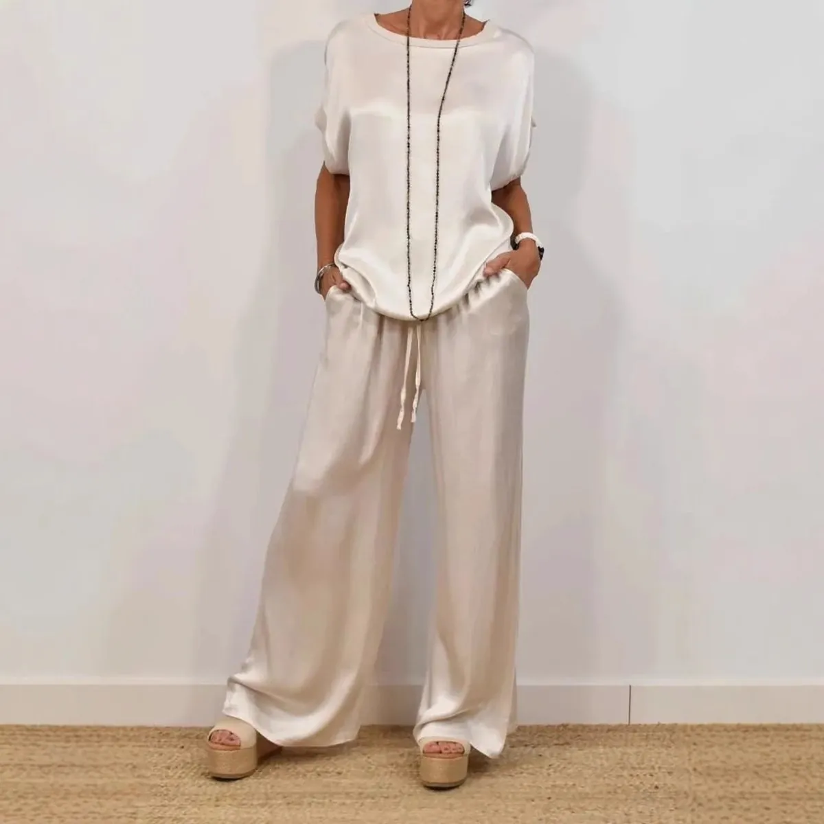 Women Loose Satin Top And Bottom Set Solid Color Half Sleeve Shirt And Wide Leg Pants Casual Lounge Suit For Summer Spring