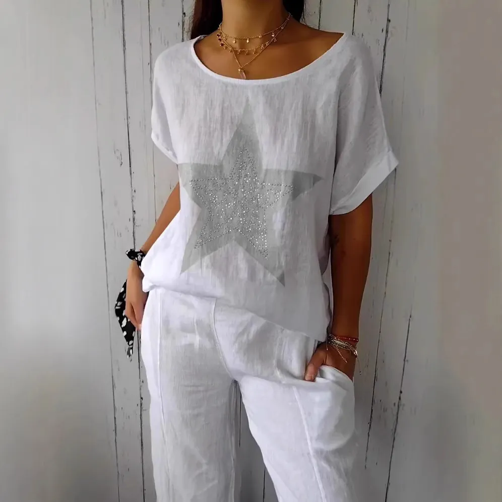 Damen Lockerer Ramie Baumwolle T-Shirt Rundhalsausschnitt Kurzarm Stern Druck Top Mit Hot-fix Strass Dekoration Sommer Lässig