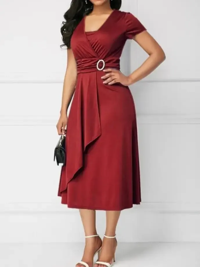 Women Asymmetric Hem V-Neck Dress Elegant Short Sleeve Solid Color Midi Dress Rhinestone Buckle Commuter Fashion Dress