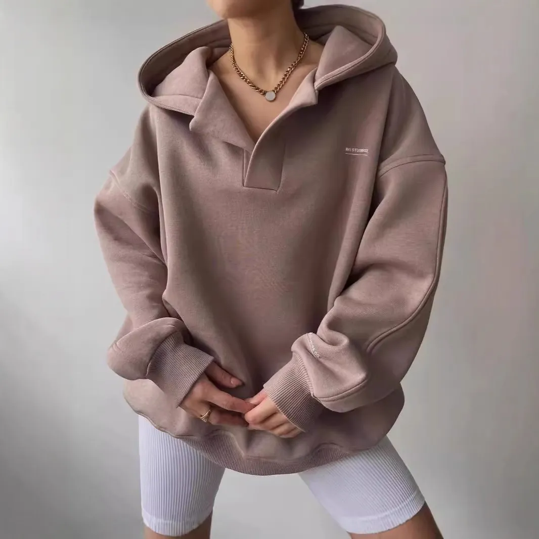 Women American Vintage V-Neck Hooded Sweatshirt Heavyweight Oversized Loose Printed Cotton Blend Hoodie Retro Fall Winter Top