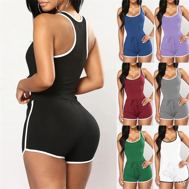 Women Sexy Sleeveless Romper Contrast Trim Drawstring Waist Slim Fit Bodysuit Solid Color Polyester Spandex Jumpsuit For Summer Beach Casual
