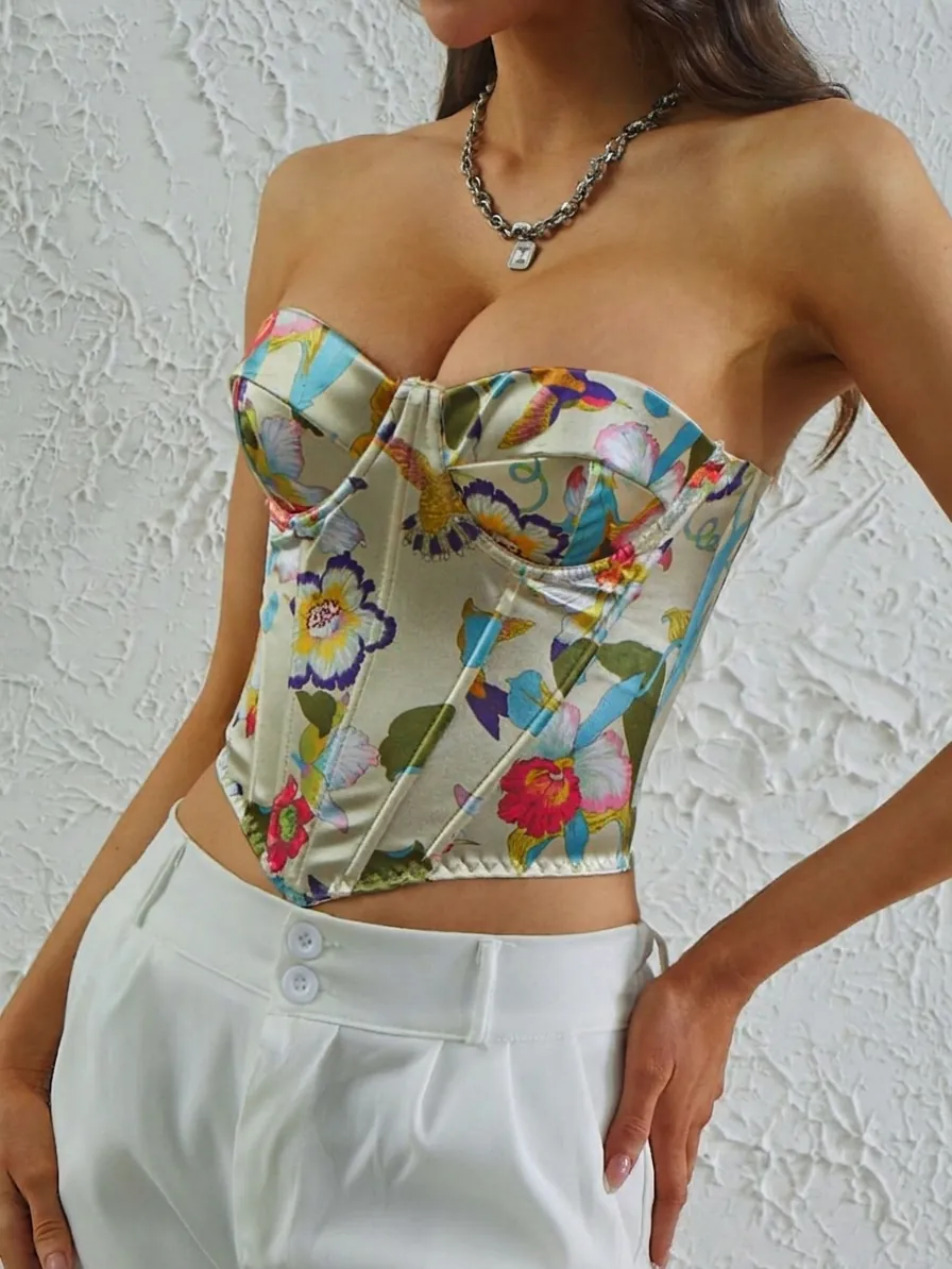 Top de Corsé con Estampado Floral para Mujer Espalda Descubierta con Cordones Top de Tubo Sexy Estilo Tailandés Chaleco