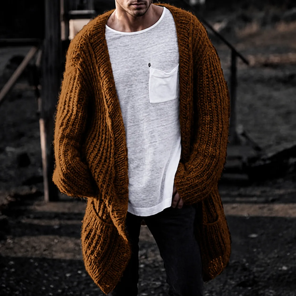 Men's Ribbed Chunky Knit Cardigan Open Front Loose Drop Shoulder Sweater Coat Warm Casual Outwear For Autumn Winter