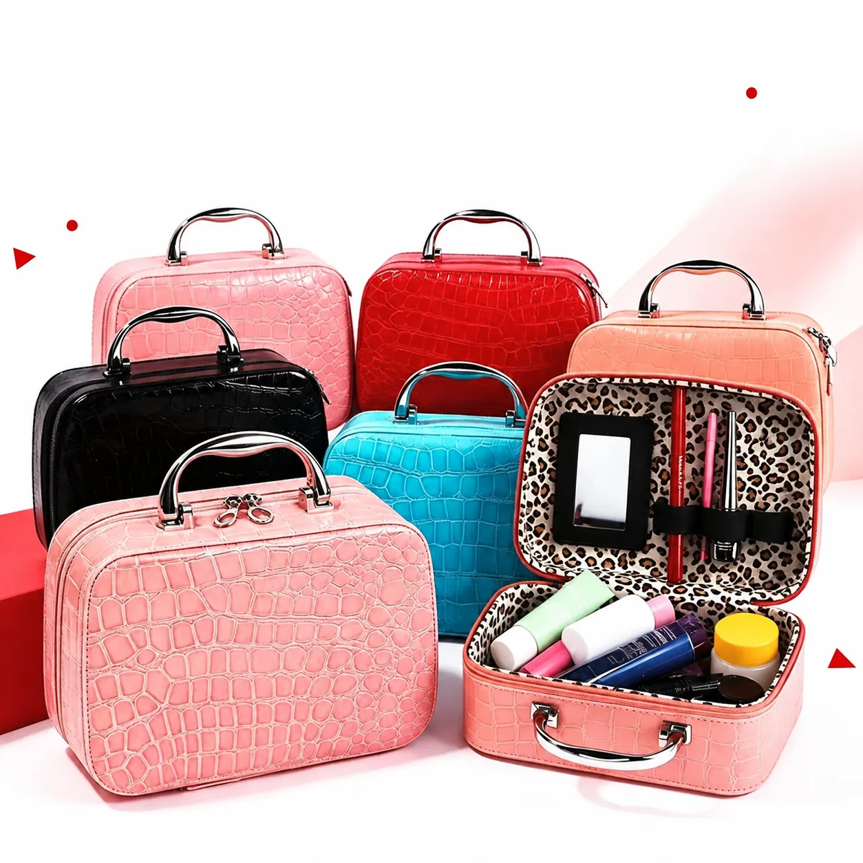 Portable Makeup Bag PU Leather Crocodile Pattern Cosmetic Case With Mirror Metal Handle Square Travel Storage For Women