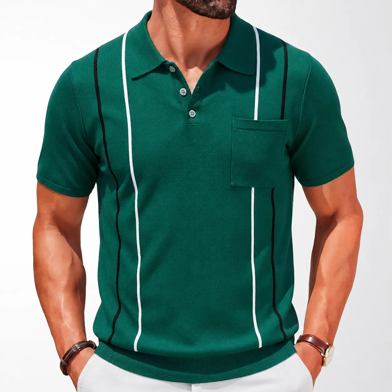 Men Business Casual Viscose Knitted Polo Shirt Contrast Vertical Stripes Patch Pocket Short Sleeve Regular Fit Top
