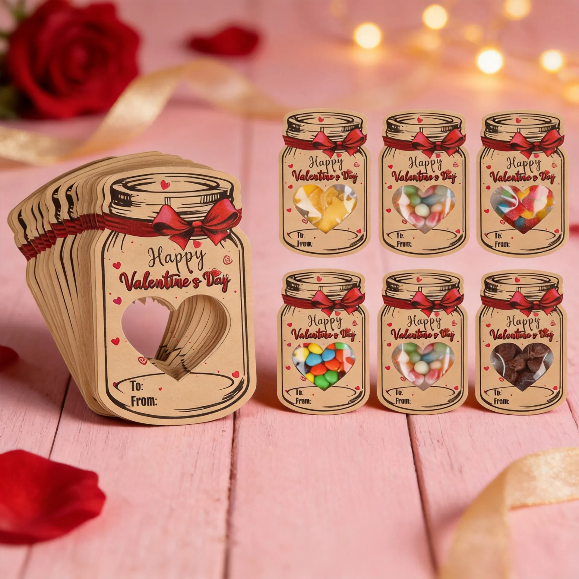 Valentine's Day Mason Jar Greeting Cards Kraft Paper Heart Window Transparent Candy Bags DIY Party Favor Gifts Classroom Exchange