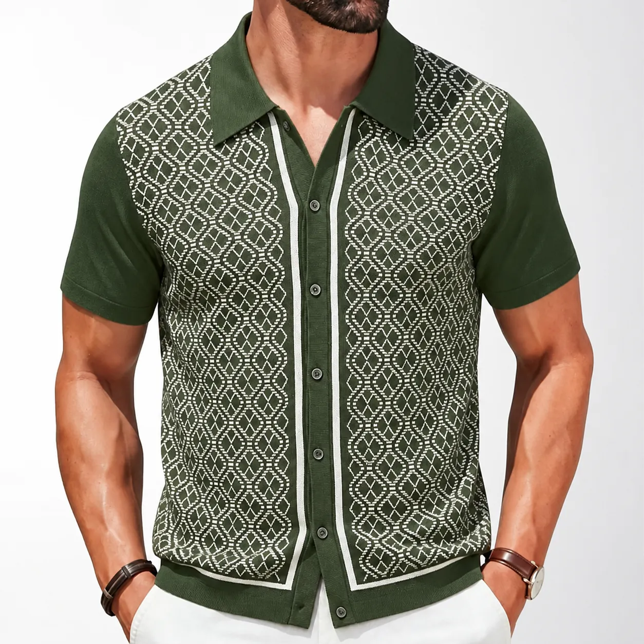 Polo Tricoté Jacquard Géométrique Vintage Homme Manches Courtes Cardigan Boutonné Haut Décontracté en Viscose Tricot Mode Été Vêtements Homme