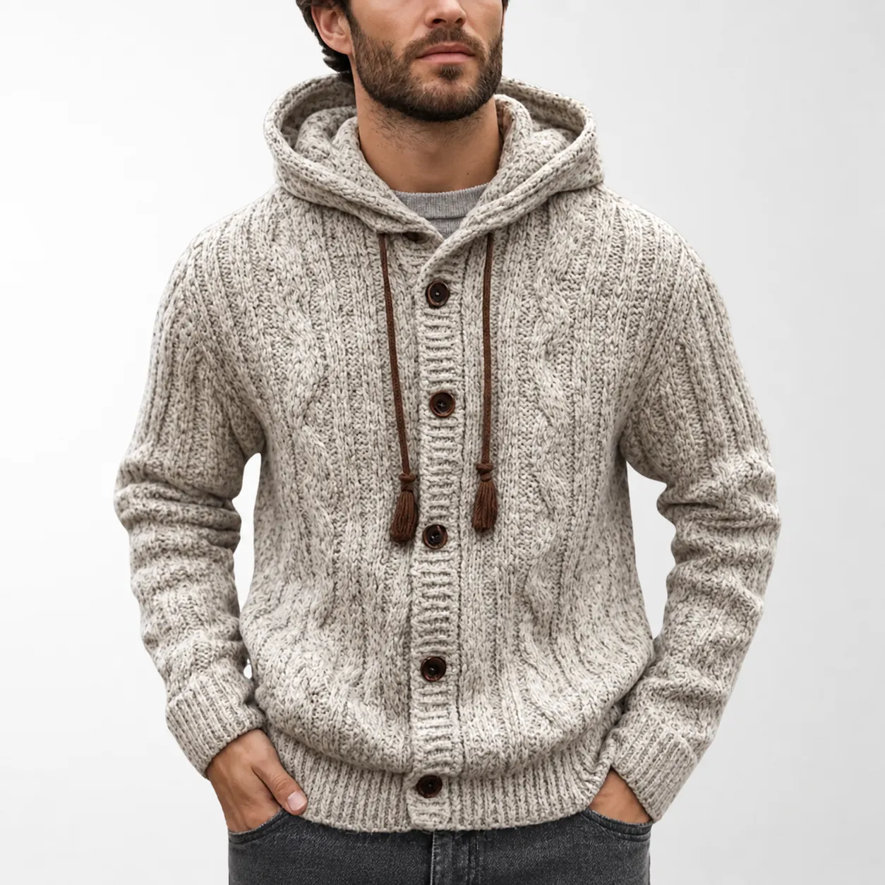 Men's Vintage Marl Cable Knit Hoodie Cardigan Thick Thermal Button Up Sweater Jacket With Tassel Drawstring Top