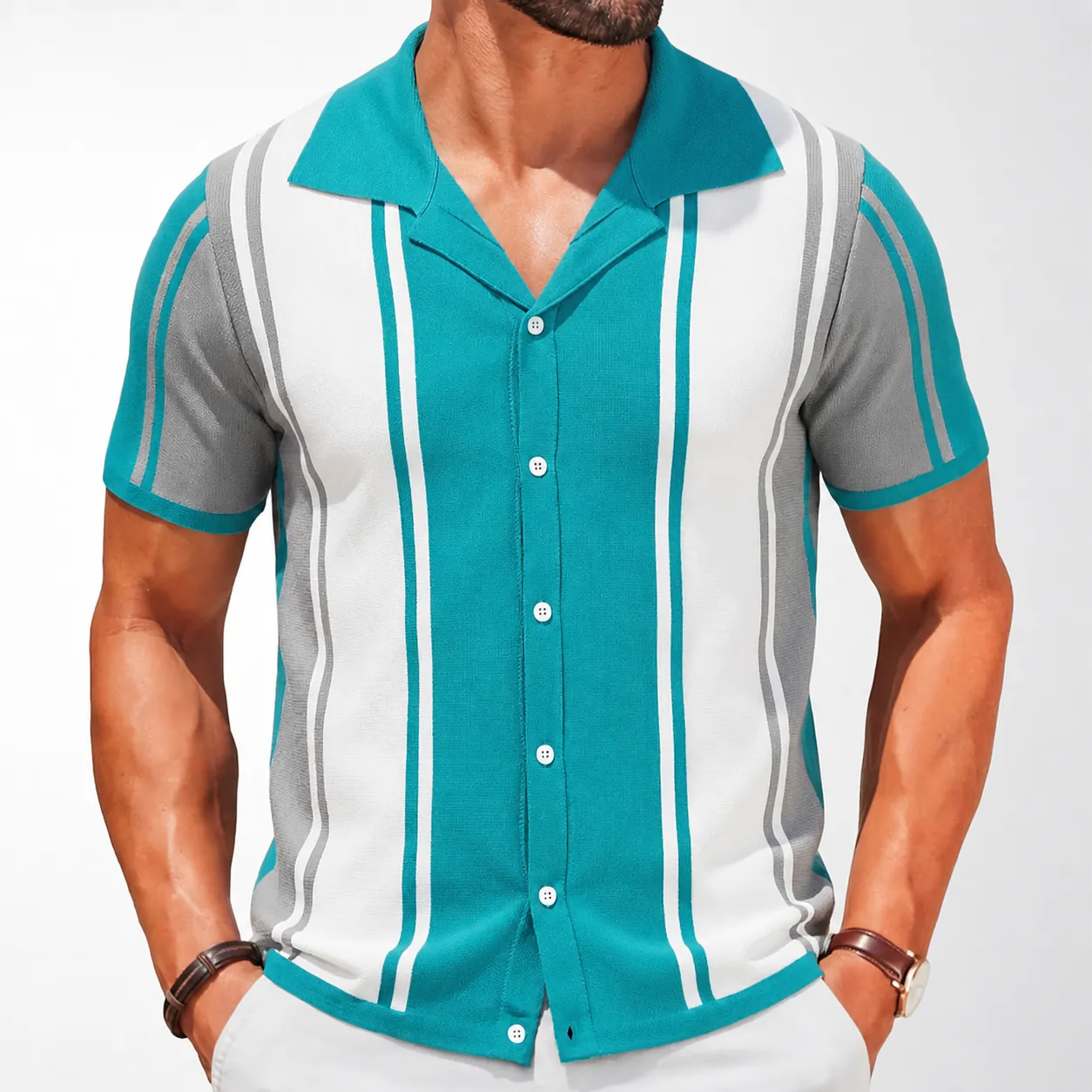 Maglia Polo Uomo a Maniche Corte a Righe in Maglia Cardigan Casual Estivo Viscosa Top Vintage Contrasto Colore Maglieria