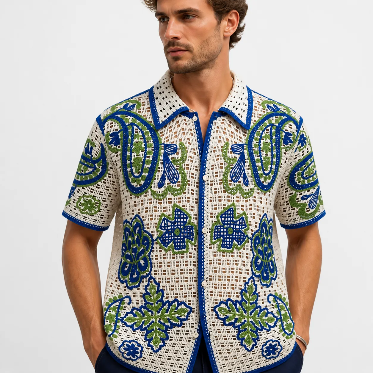 Men Hawaiian Style Hollow Jacquard Knit Cardigan Short Sleeve Polo Shirt Casual Vacation Paisley Floral Button Up Top