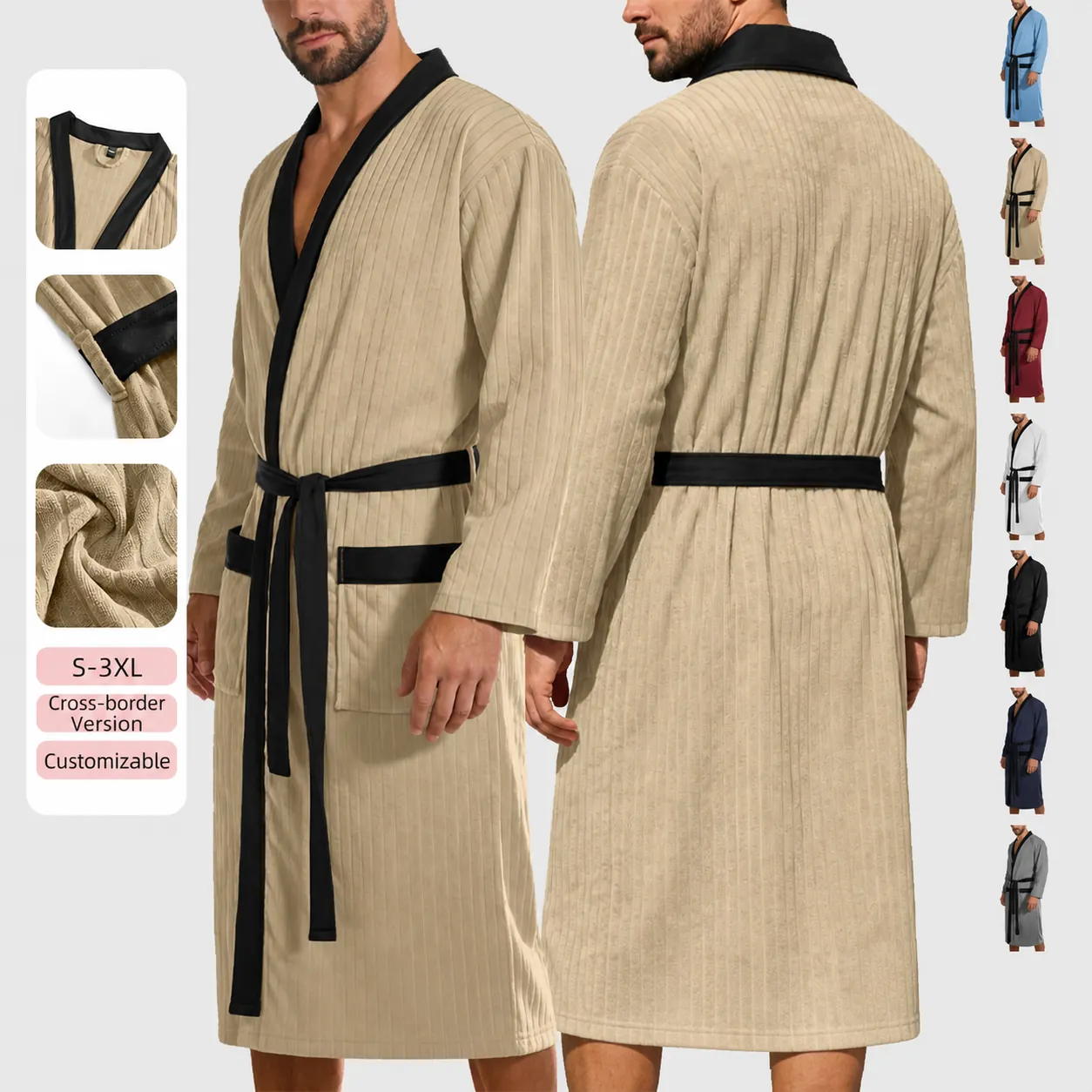 Herren Langer Jacquard Bademantel Polyester Weich Einfarbig Mantel Mit Gürtel Kontrastbesatz Spa Hotel Homewear Top