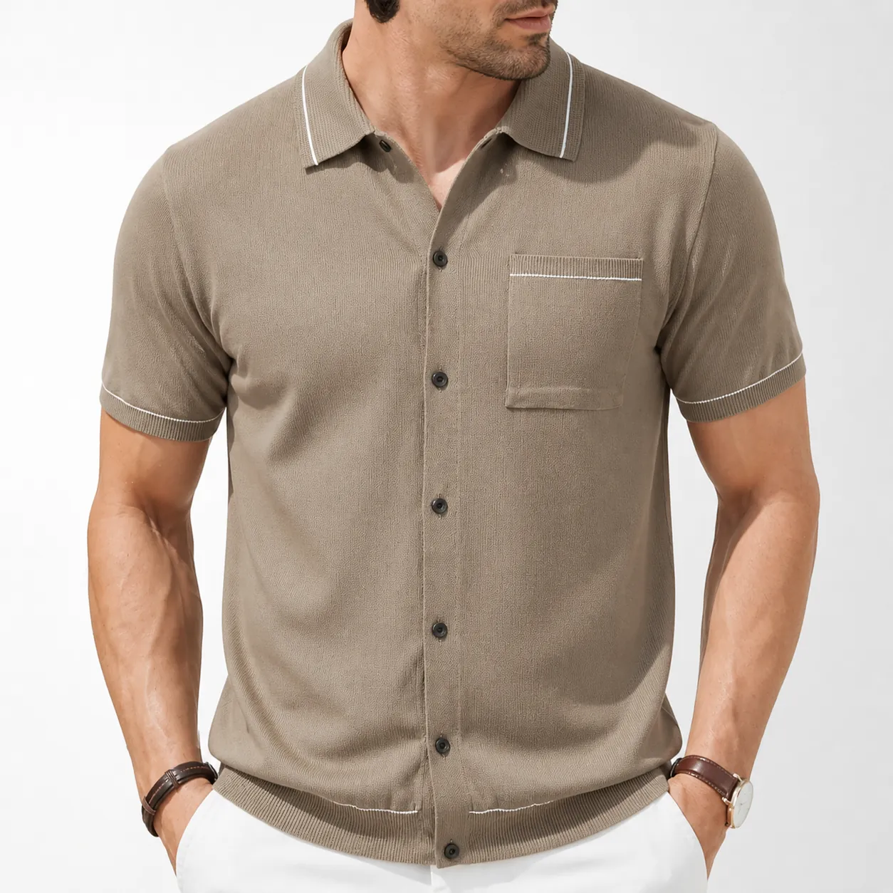 Men Short Sleeve Viscose Knit Polo Shirt Casual Button Down Cardigan Top With Contrast Stripe Trim Pocket For Men Fashion