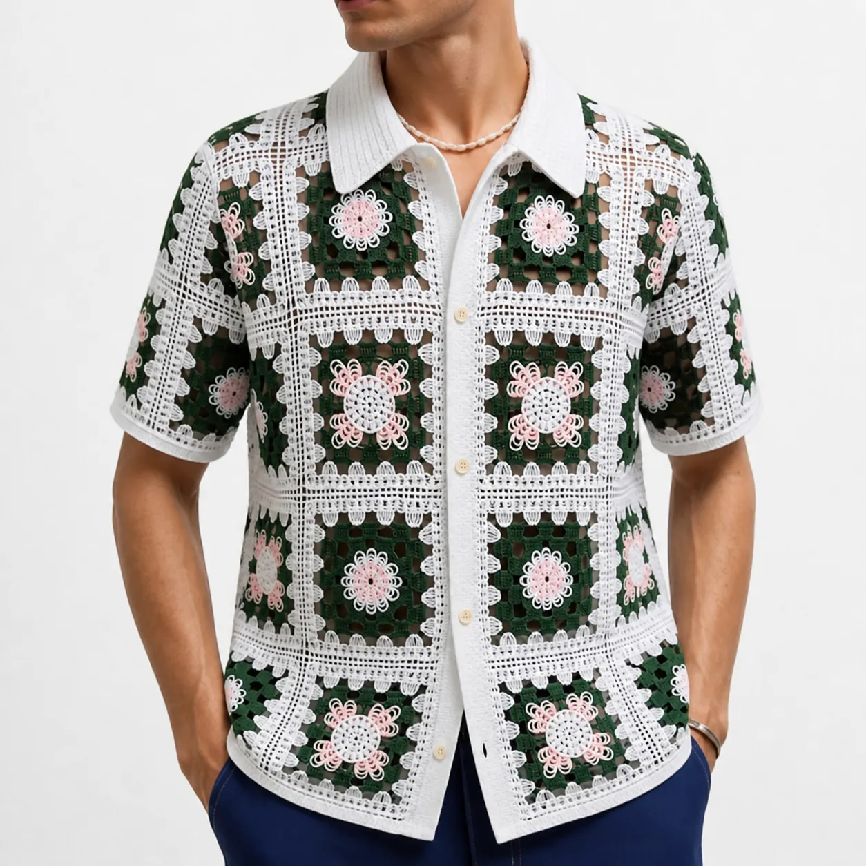 Ανδρικό Ρετρό Πλεκτό Μπλουζάκι Πόλο Vintage Granny Square Πλεκτό Κοντό Μανίκι Τοπ με Κουμπιά Summer Casual Beach Wear