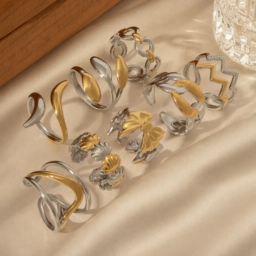 Mode Edelstahl Gold Silber Zweifarbig Geometrisch Offen Verstellbar Ring Für Damen Schleife Herz Kette Schale Schmetterling Muster Ring Schmuck Geschenk