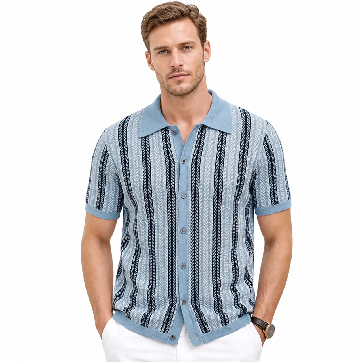 Men Knitted Jacquard Polo Cardigan Casual Business Short Sleeve Viscose Striped Knit Shirt Top
