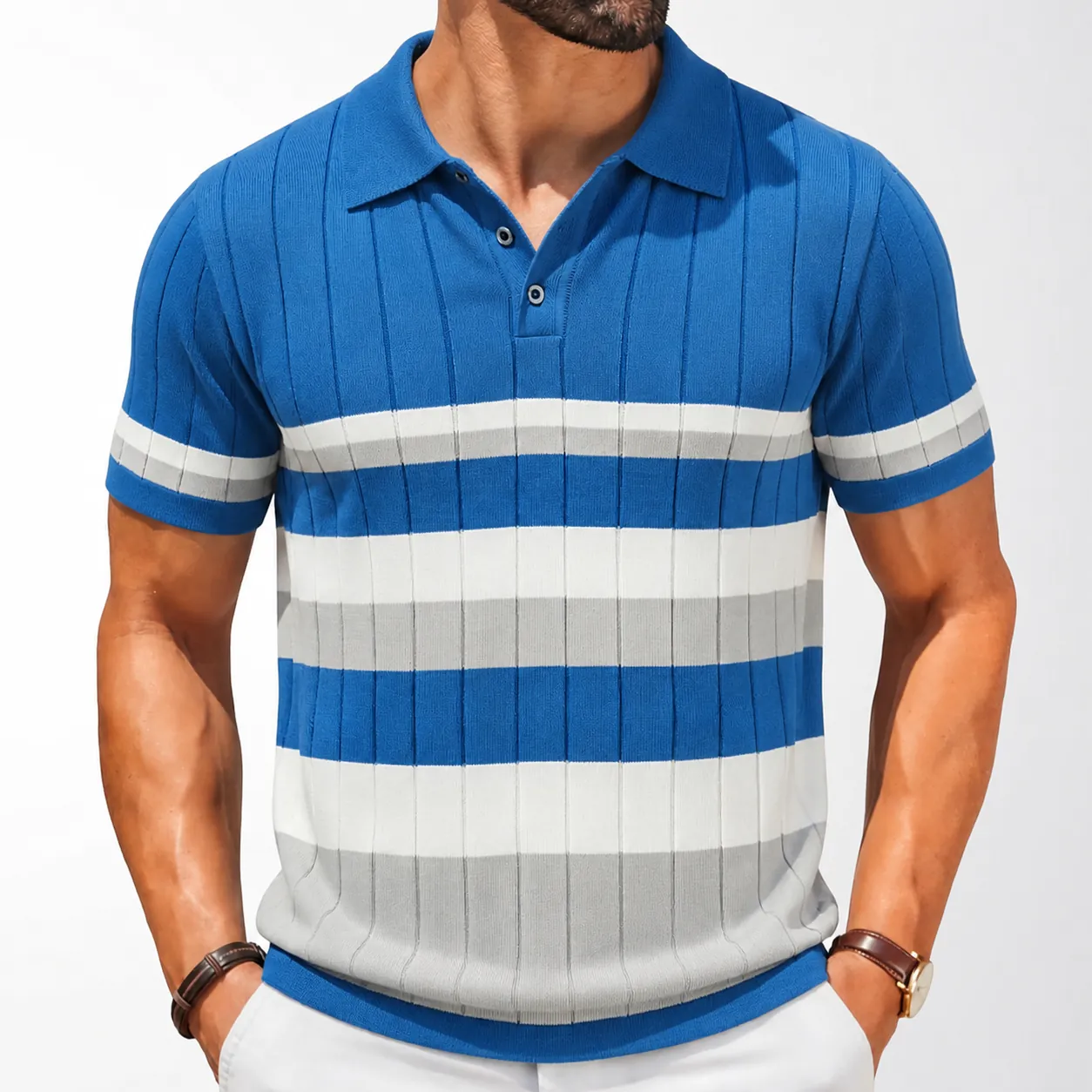 Men's Casual Striped Viscose Rib-Knit Polo Shirt Short Sleeve Color Block Knitted Fashion Summer Top Streetwear Clothing