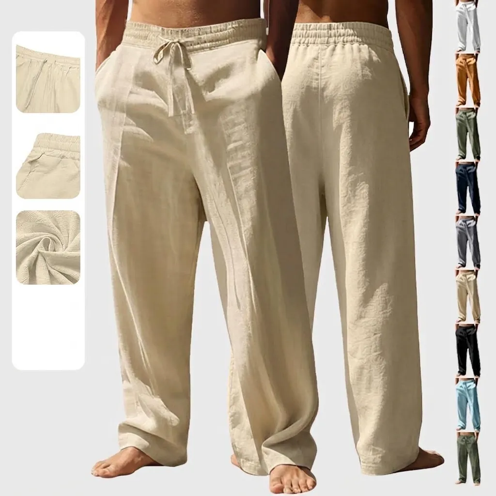 Pantaloni da Uomo Casual in Misto Lino a Gamba Larga Traspiranti Larghi a Gamba Dritta Con Coulisse Elastica in Vita Fondo Vacanza