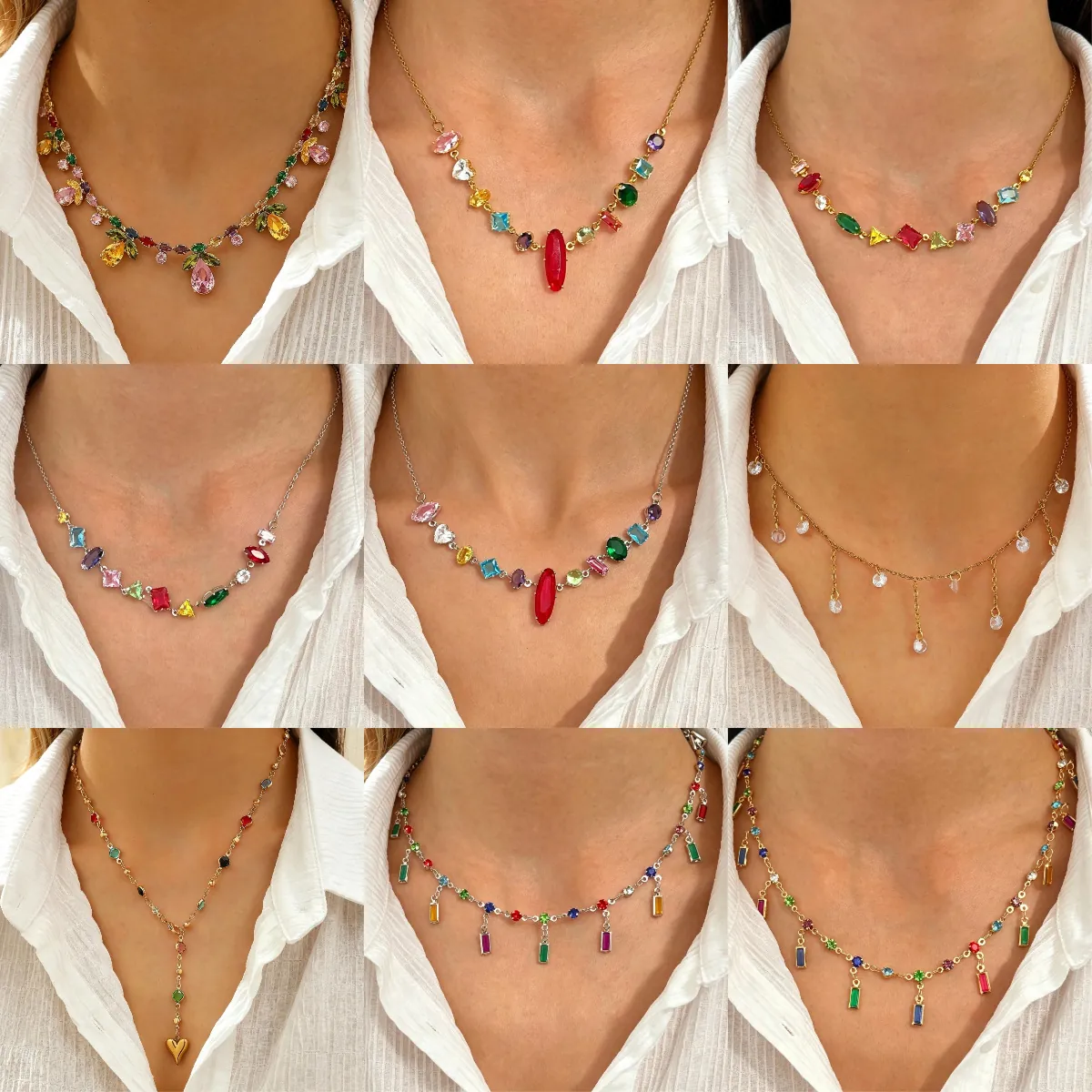 Luxury Colorful Crystal Flower Leaf Water Drop Pendant Necklace Earrings For Women Gold Plated Alloy Party Banquet Jewelry