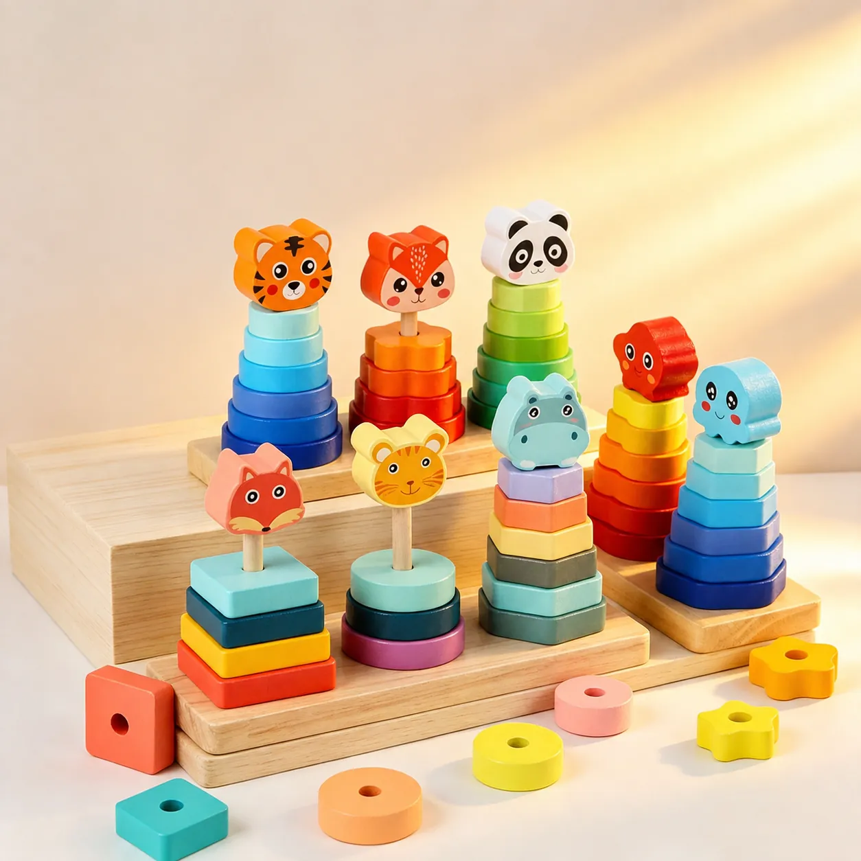 Montessori Wooden Rainbow Stacking Toy Geometric Shape Sorting Building Blocks Educational Balancing Tower For Toddler Baby