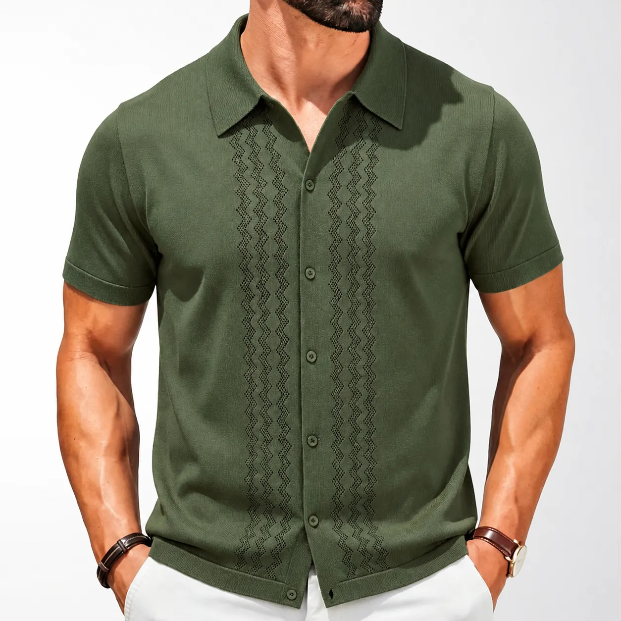 Polo in Maglia da Uomo Estate Manica Corta Motivo Geometrico Traforato Cardigan in Viscosa Casual Lavoro Retro