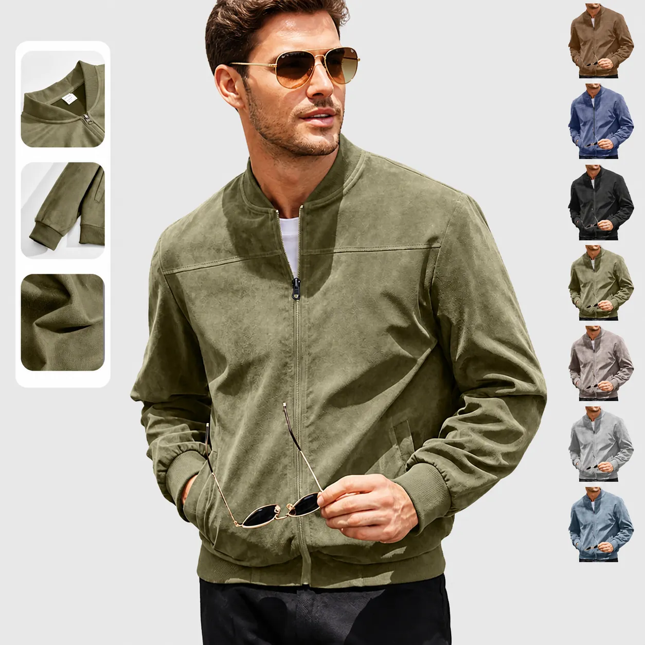 Heren Casual Suède Jas Staande Kraag Rits Effen Kleur Lange Mouw Bovenkleding Slim Fit Mode Streetwear Bomberjack Voor Heren