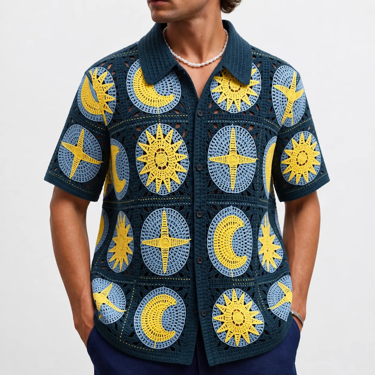 Polo Vintage Hawaïen au Crochet pour Hommes Ajouré Manches Courtes Tricot Top Motif Céleste Soleil Lune Cardigan Polo Acrylique