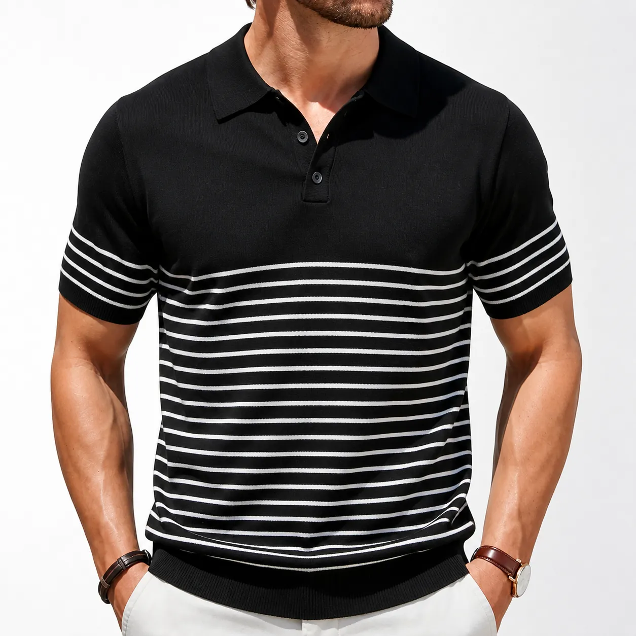 Men Knitted Polo Shirt Short Sleeve Business Casual Striped Top Viscose Breathable Soft Summer Fashion Clothing