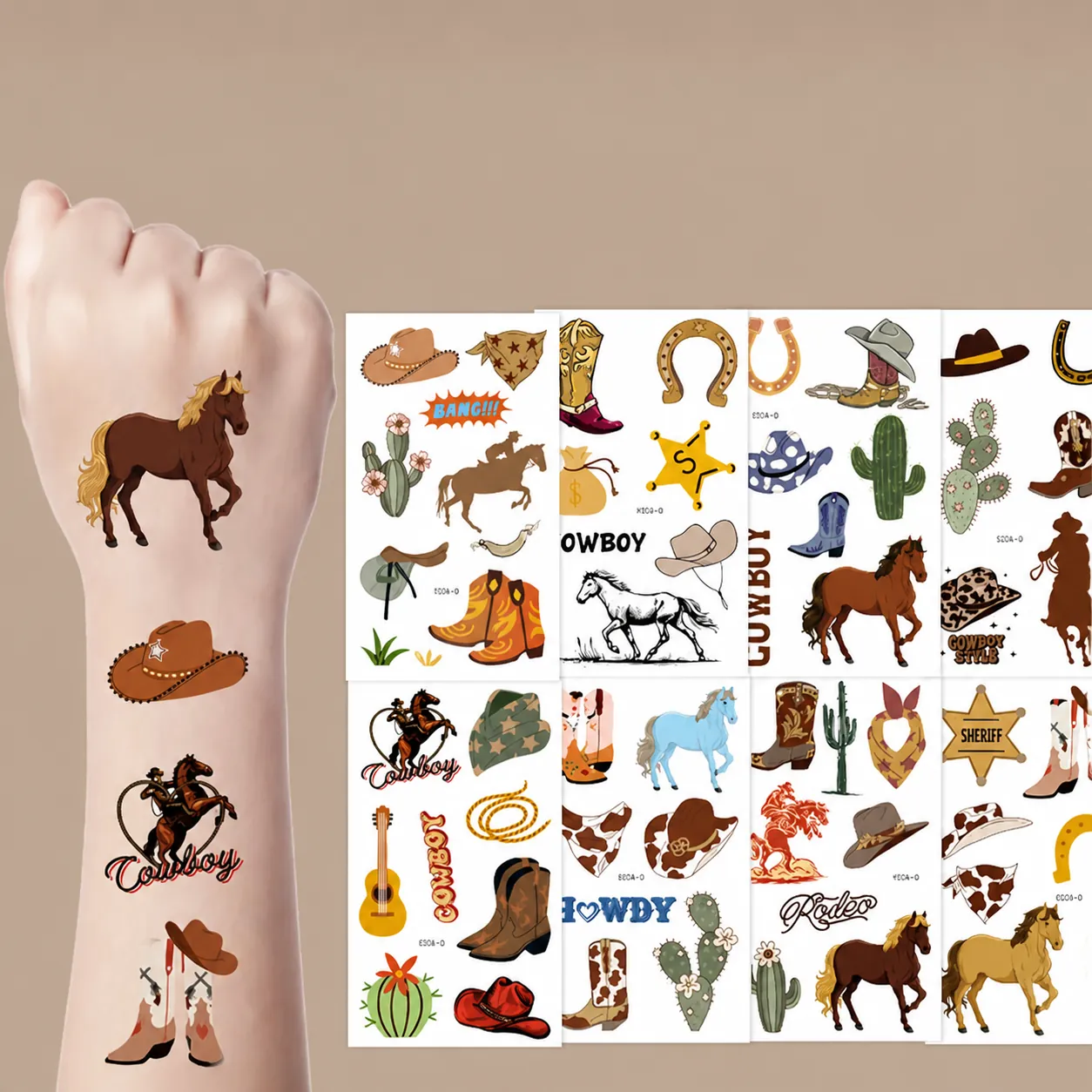 Western Cowboy Tijdelijke Tatoeage Stickers Sheriff Ster Paard Hoed Cartoon Waterdicht Zweetbestendig Veilig Voor Kinderen