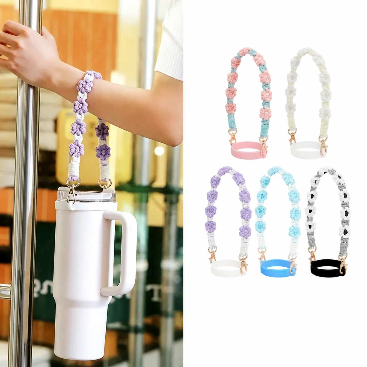 Handmade Woven Cotton Rope Water Bottle Carry Strap Portable Handle With Silicone Ring Metal Hook Floral For Outdoor Travel
