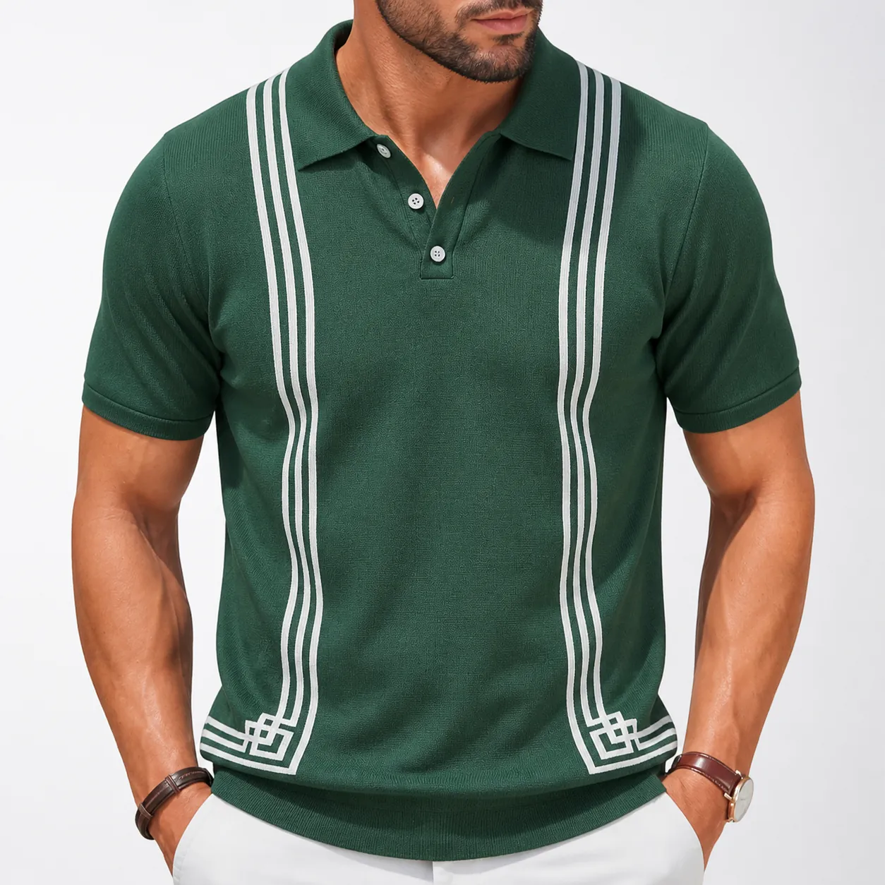 Polo de Viscose Casual de Negocios para Hombre Manga Corta Verde Rayas en Contraste Dobladillo Geométrico Camiseta de Punto