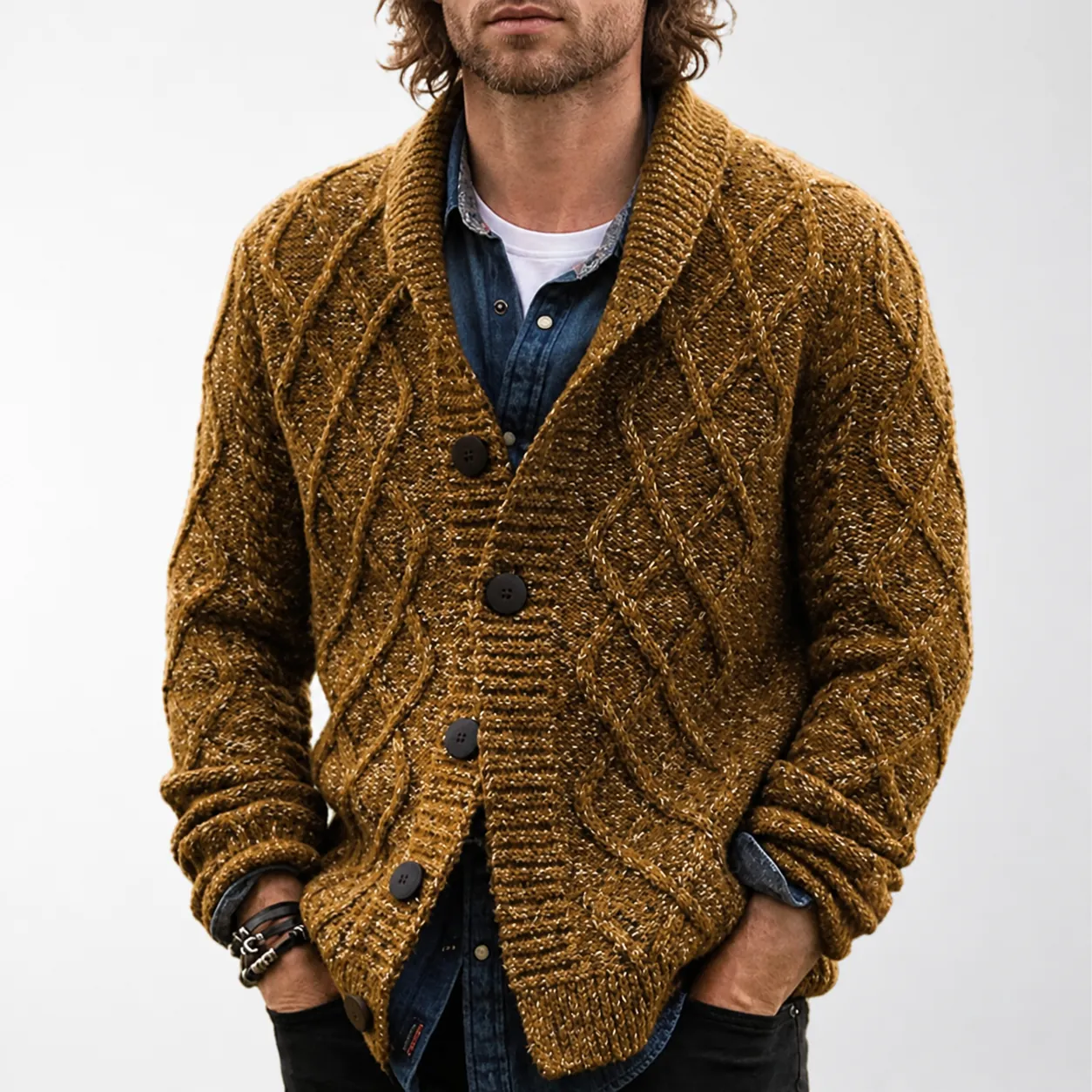 Men Vintage Marl Cable Knit Cardigan Sweater Thick Shawl Collar Button Up Knitwear Wool Blend Casual Winter Top Jacket