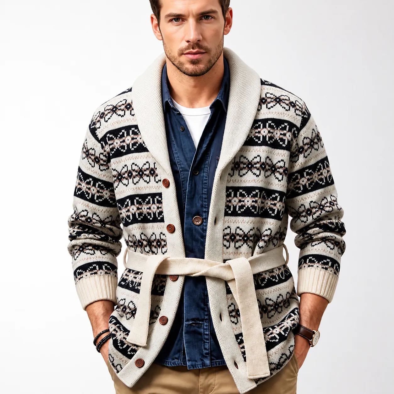 Men's Vintage Geometric Jacquard Shawl Collar Cardigan With Belt Mid-Length Knitted Sweater Casual Button Down Knitwear Top