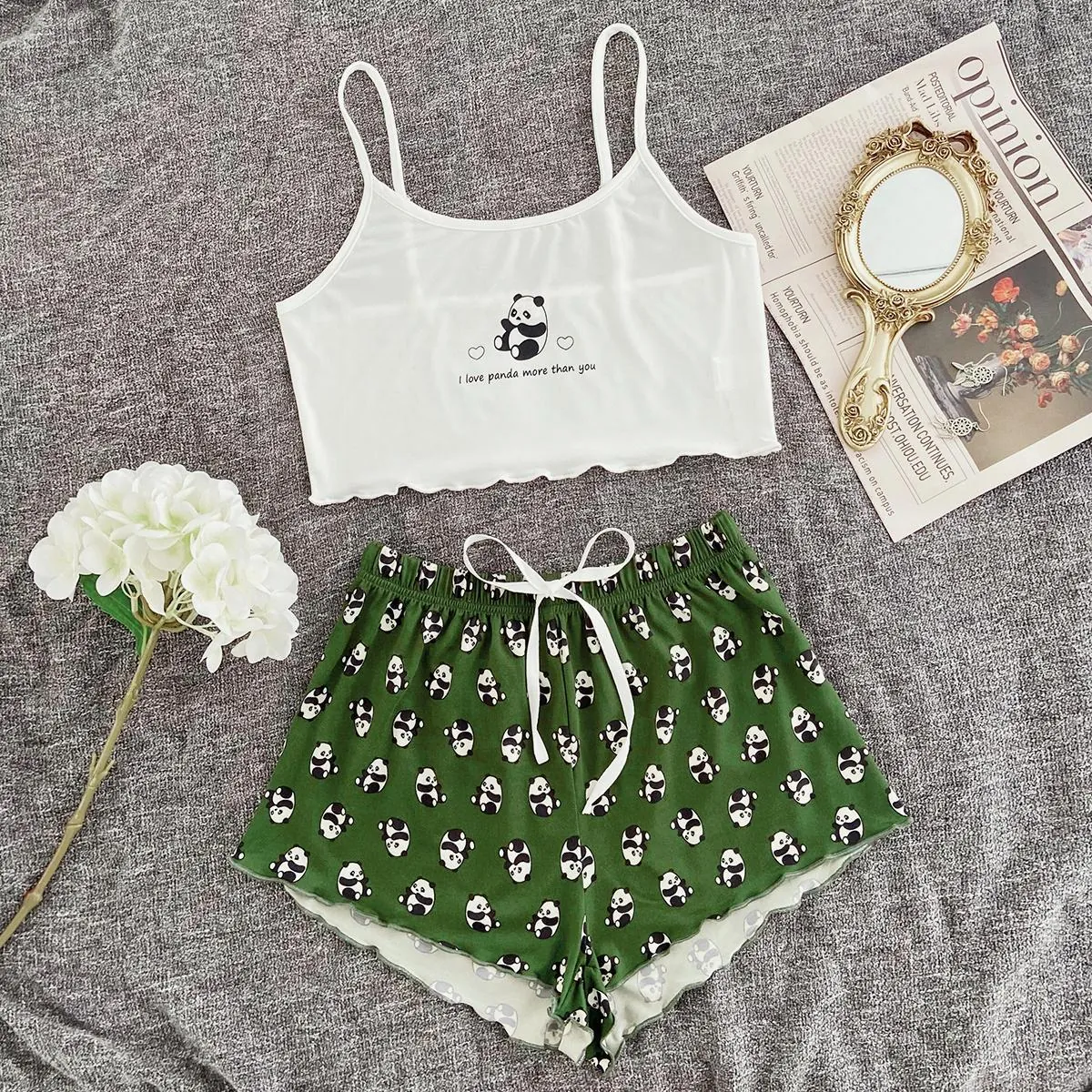 Set Pigiama da Donna con Stampa Panda Top a Canotta e Pantaloncini a Volant Estivo Senza Maniche Loungewear Set da Due Pezzi