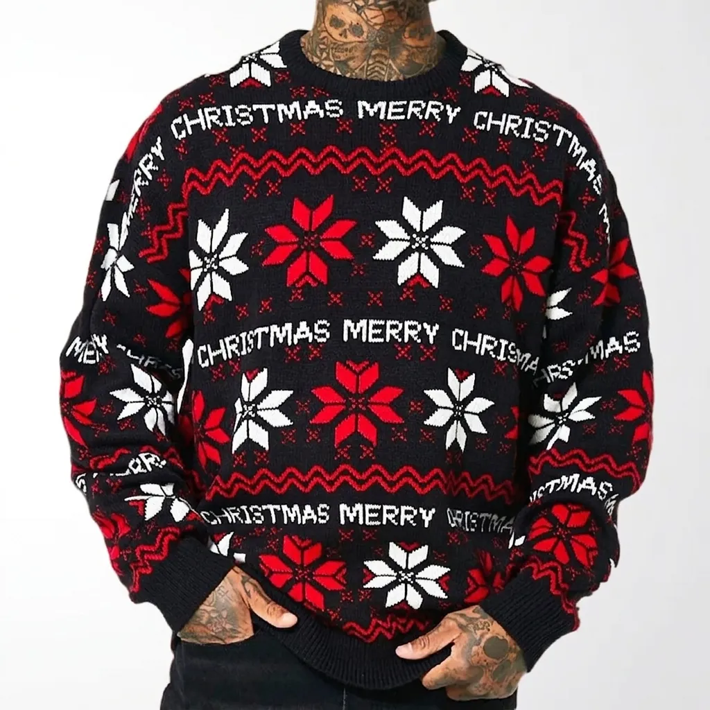Pull Jacquard de Noël pour Hommes Flocon de Neige Lettre Merry Christmas Tricot Pullover Festival Hiver Fête Col Rond Manches Longues Top
