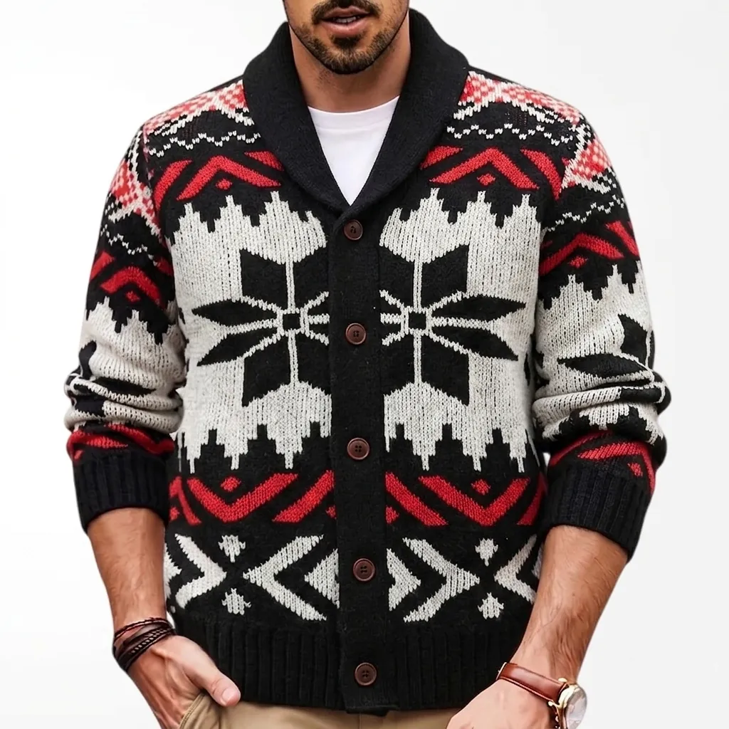 Heren Retro Etnisch Jacquard Gebreid Vest Sjaalkraag Sneeuwvlok Knoop Polyester Trui Jas Winter Casual Warm Top
