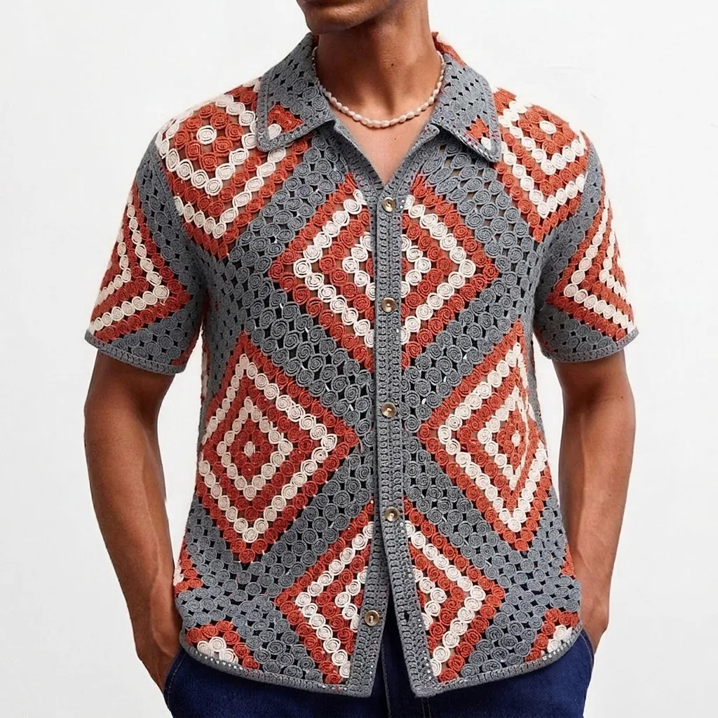 Men's American Casual Argyle Hollow Out Crochet Knit Polo Shirt Vintage Short Sleeve Button Down Cardigan Top For Summer