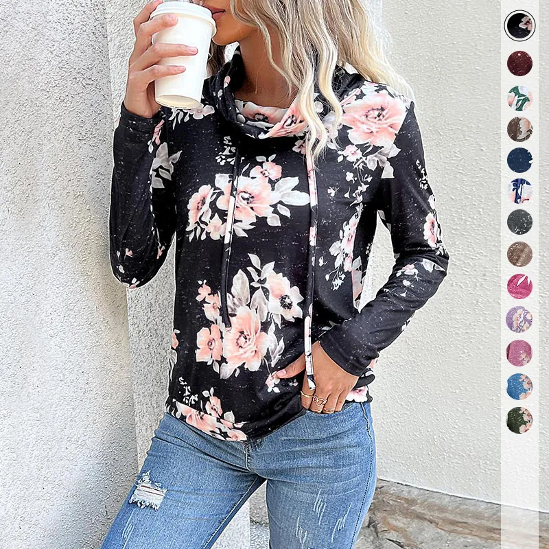 Femmes Style Européen Imprimé Floral Col Bénitier Cordon de Serrage Sweat-shirt Décontracté Manches Longues Polyester Élasthanne Pullover Top Pour Quotidien