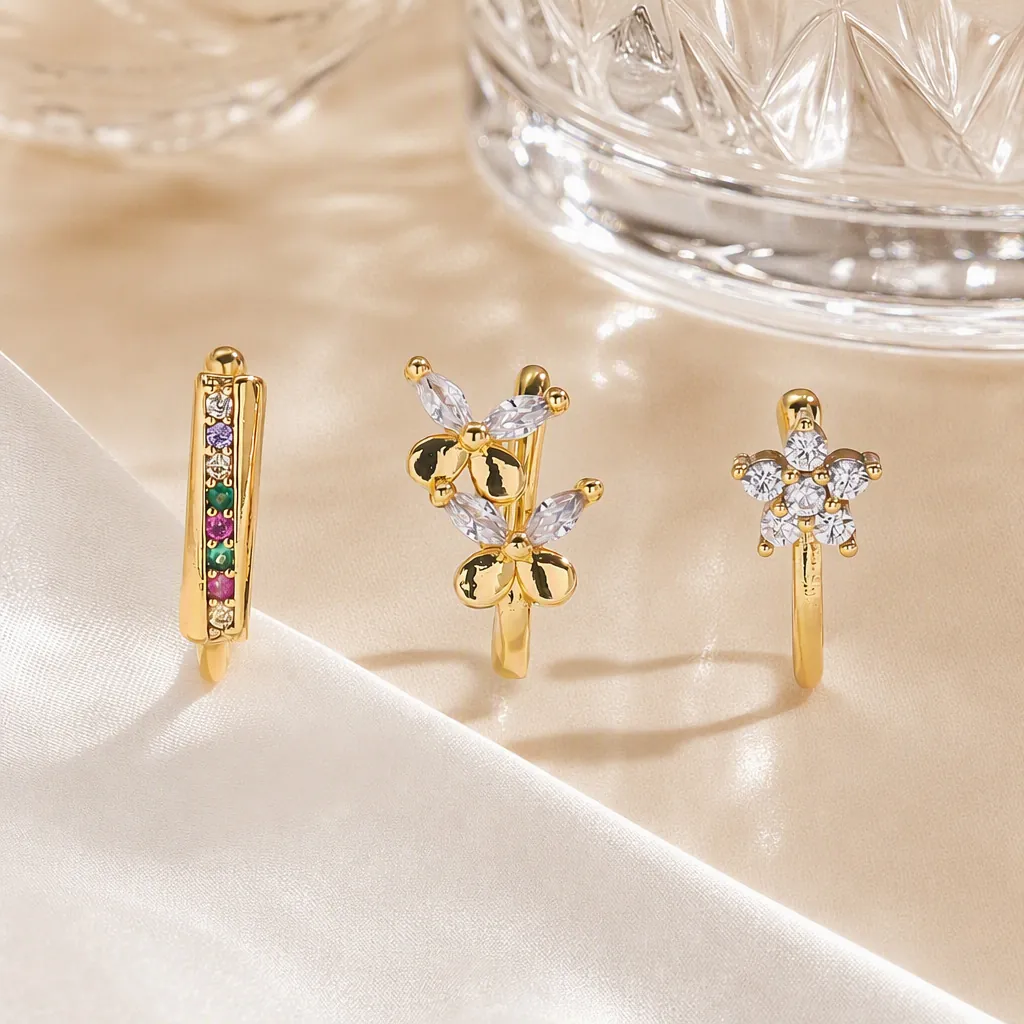 Fake Nose Ring Stainless Steel Gold Plated Cubic Zirconia Non Piercing Nose Cuff Butterfly Flower Clip On Body Jewelry Women