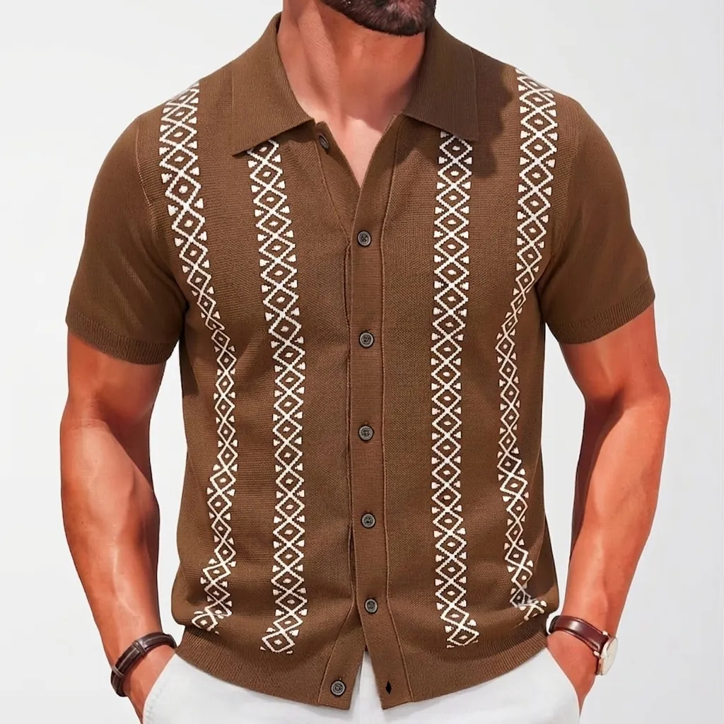 Herren Business Casual Viskose Strick Poloshirt Kurzarm Geometrische Streifen Jacquard Strickjacke Polo Top Für Sommer