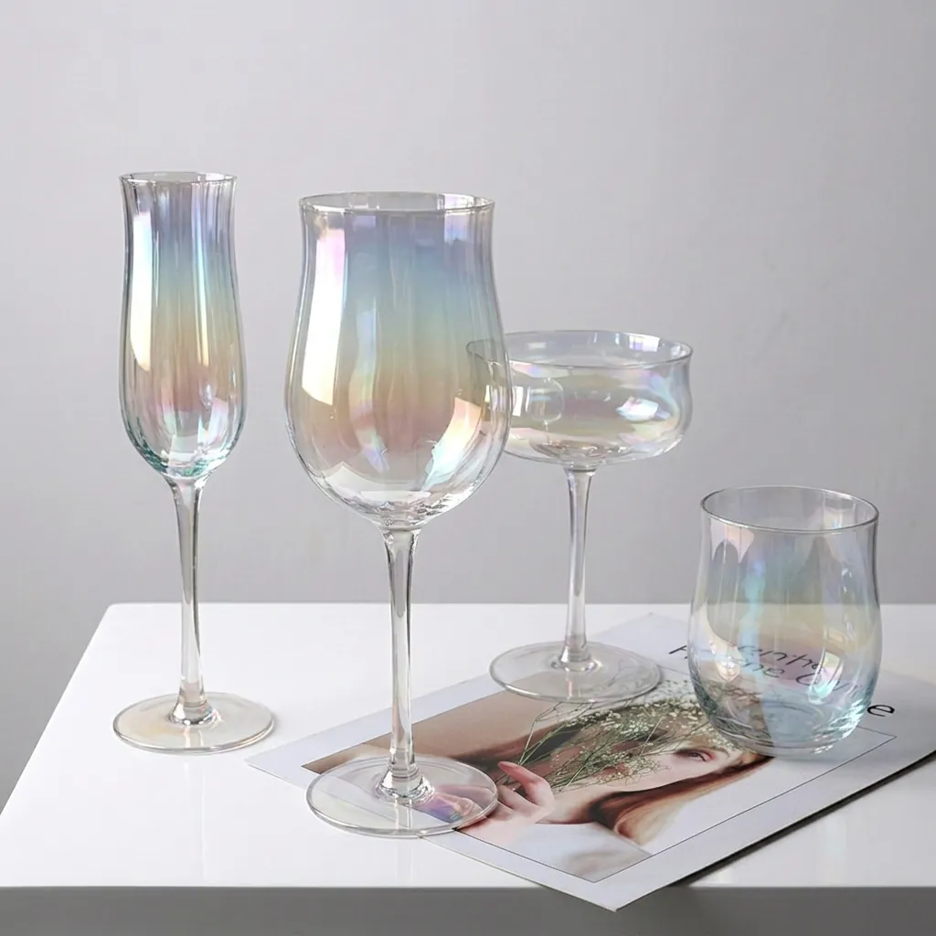 Iridescent Gold Rimmed Glass Wine Glasses Set Nordic Style Ribbed Texture Champagne Flute Cocktail Glass Red Wine Goblet Drinking Cup Glassware