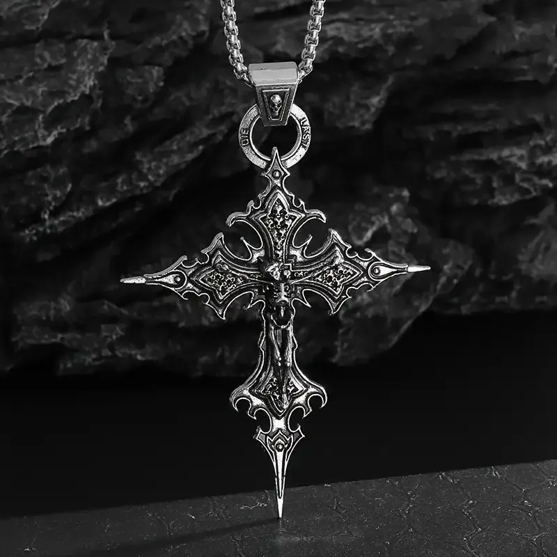 Vintage Gothic Kreuz Totenkopf Anhänger Halskette Für Herren Damen Zinklegierung Retro Punk Skelett Jesus Kruzifix Lange Kette Schmuck